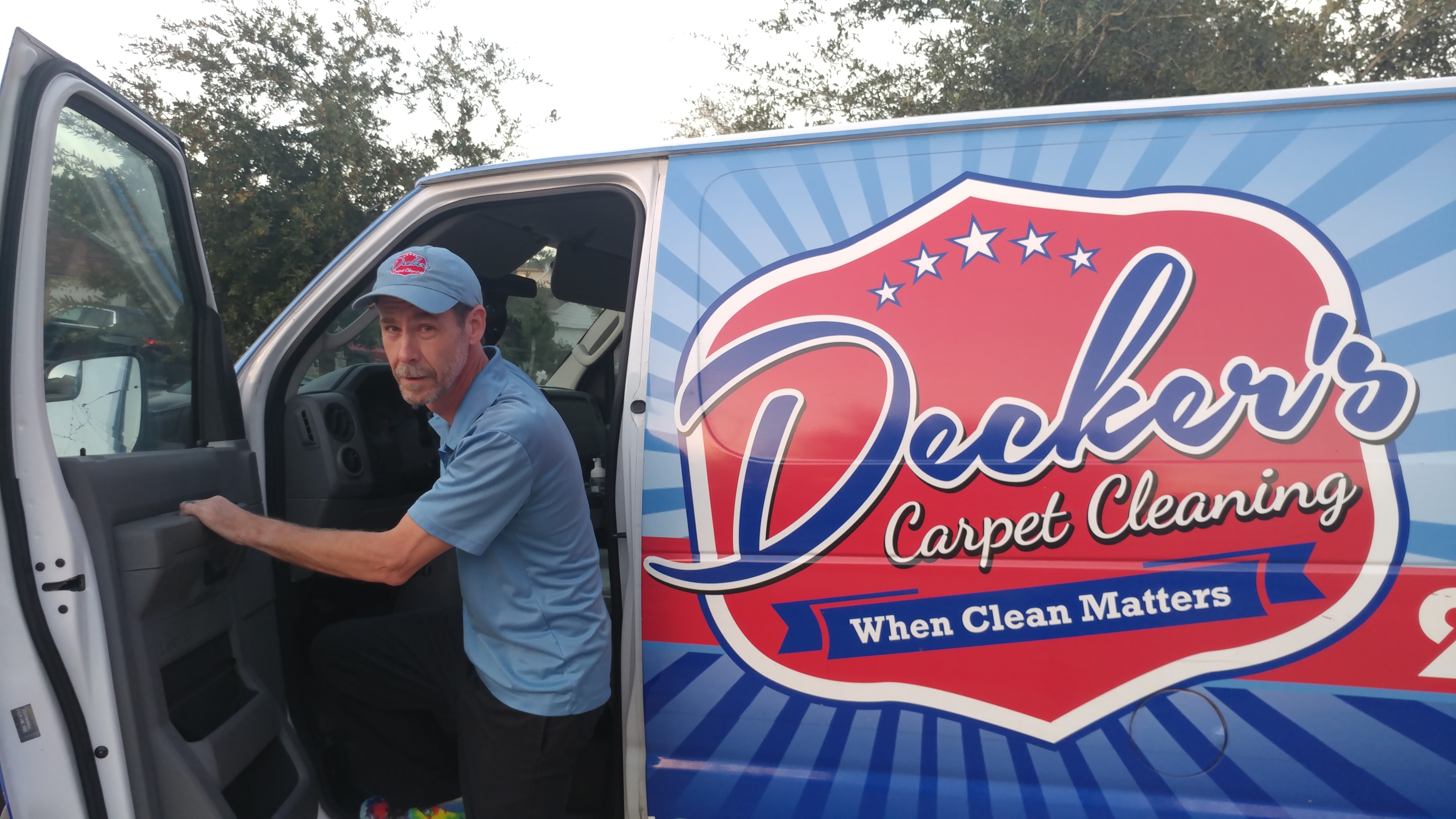 Mike Exiting Decker's Carpet Repair Van